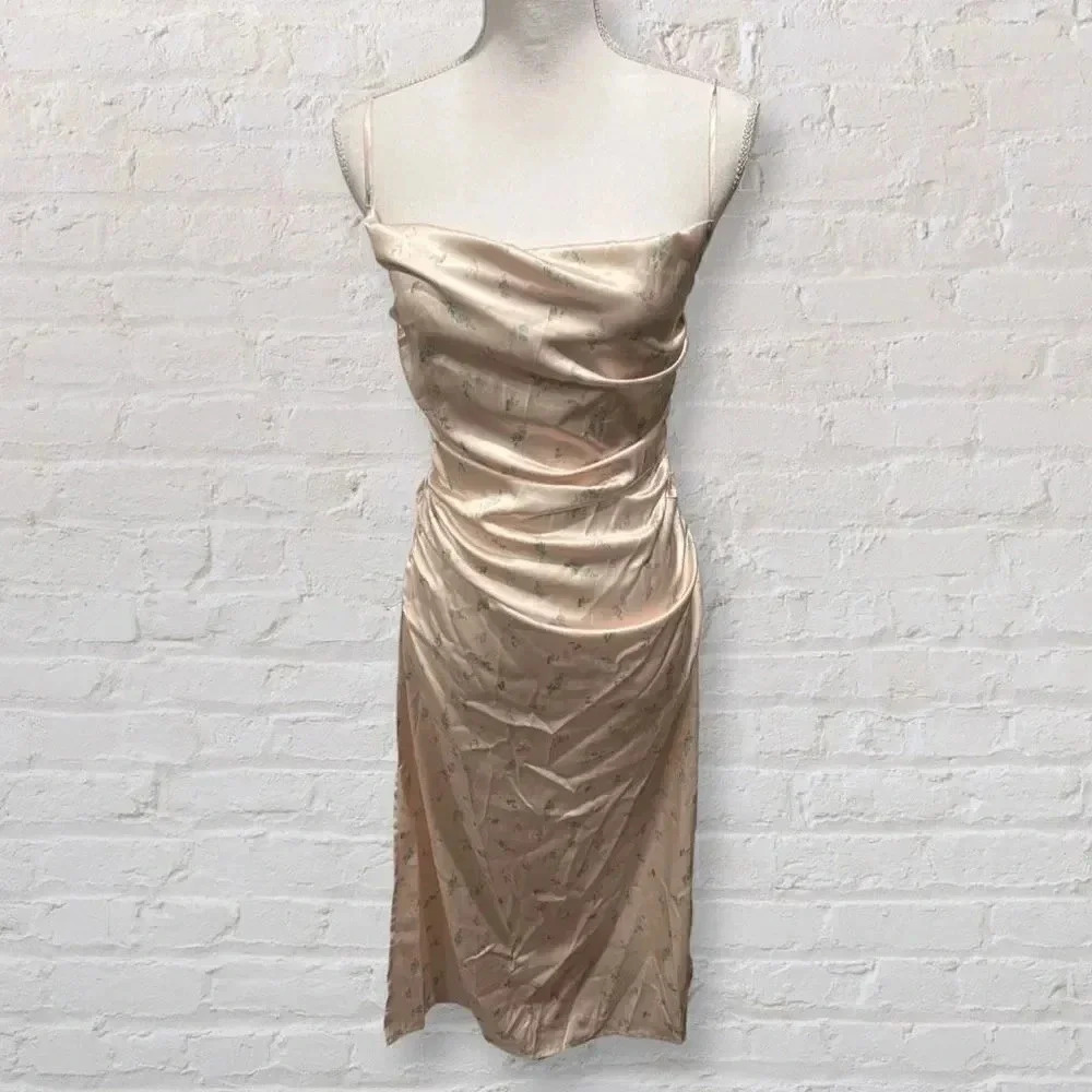 NWT Fashion Nova Midi Dress Cream with Floral Pattern Size Medium